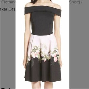🌹Ted Baker Black Tekeya Peach Blossom Bardot Off-The-Shoulder Casual Dress